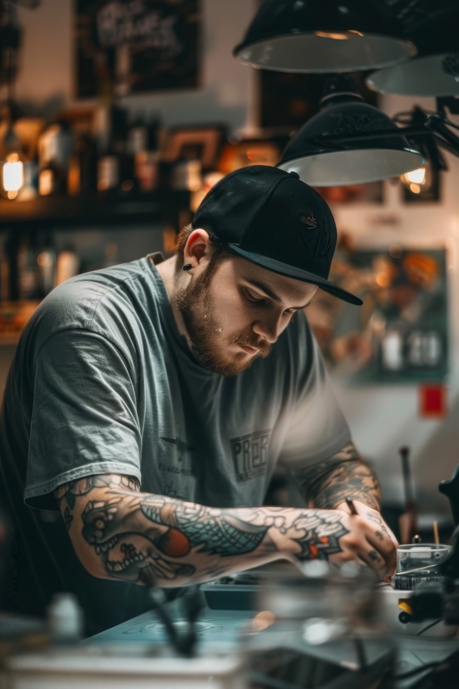 A tattoo artist making tattoo on customer's arm in his studio